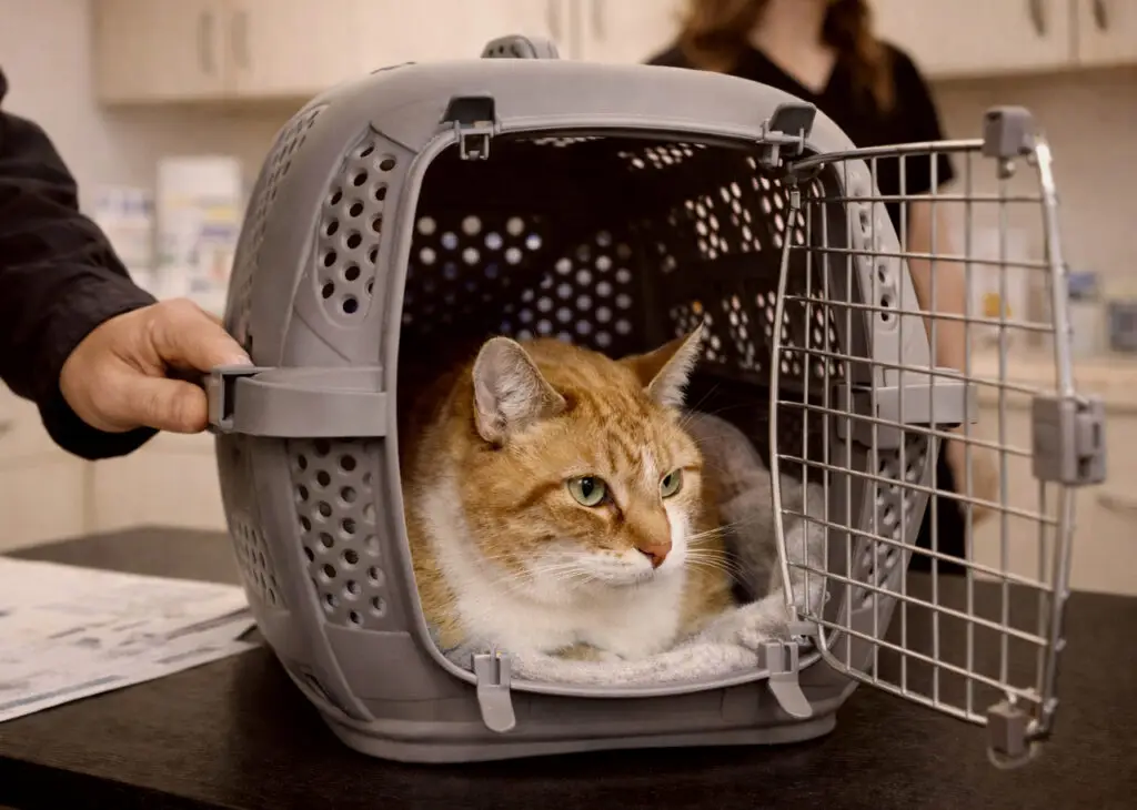 Cat in an open pet carrier on an exam table at Seymour Veterinary Clinic.